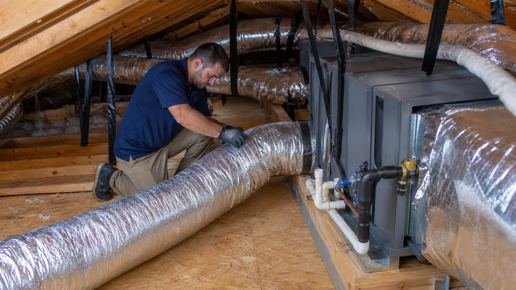 Technician installing flexible residential HVAC ductwork